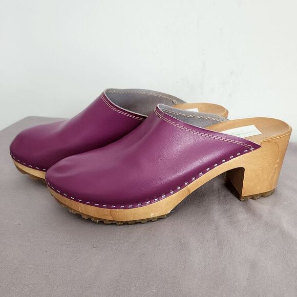 Handmade in Europe Purple Leather Wooden Clogs Mules Platform Shoes Size 41 - Picture 2 of 7